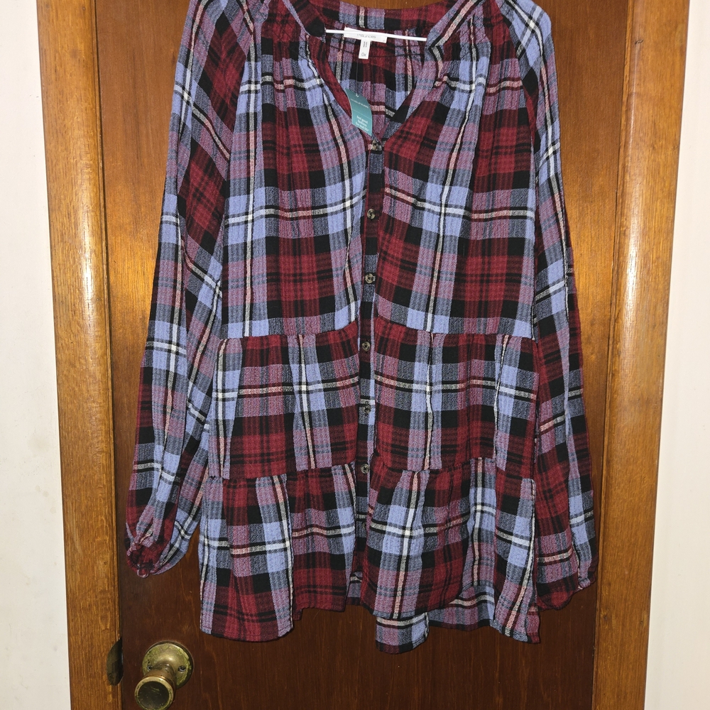 Maurices Red and Blue Plaid Button-Front Peasant Blouse